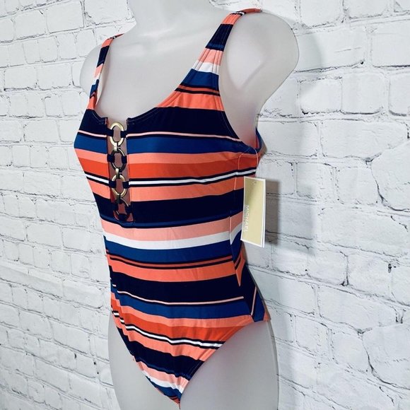 ☀️Michael Kors Striped Chain-Ring One-Piece Swimsuit Persimmon Multi Size 4 NWT - Picture 2 of 8